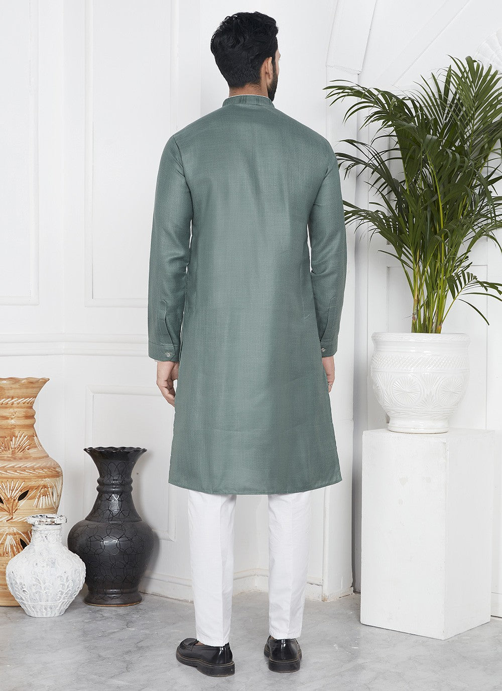 Fancy Work Cotton , Linen Green Kurta Pyjama - M7103