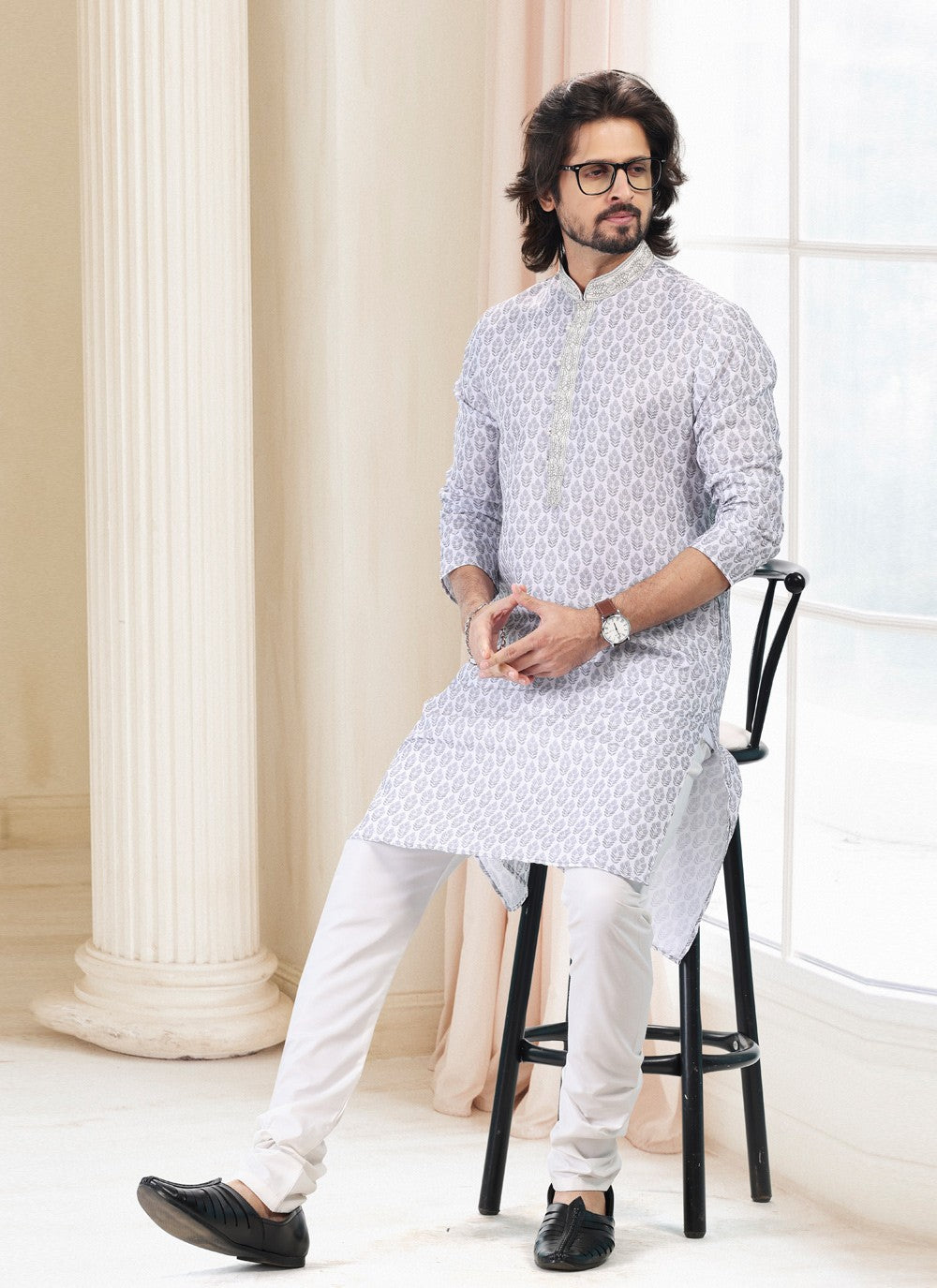 Fancy Work Cotton Grey, Off White Kurta Pyjama - M5116