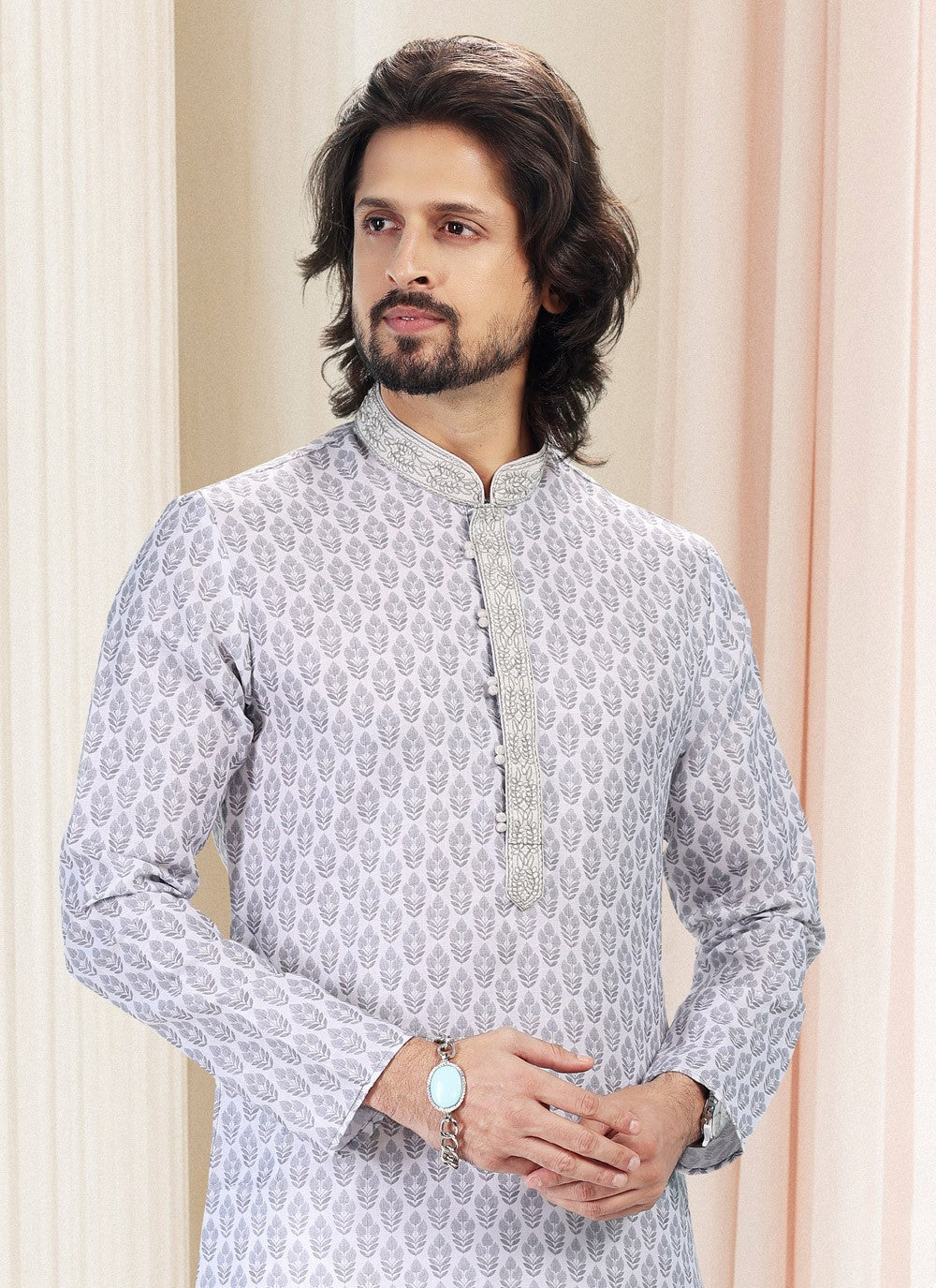 Fancy Work Cotton Grey, Off White Kurta Pyjama - M5116