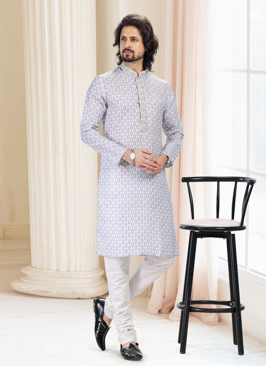 Fancy Work Cotton Grey, Off White Kurta Pyjama - M5116