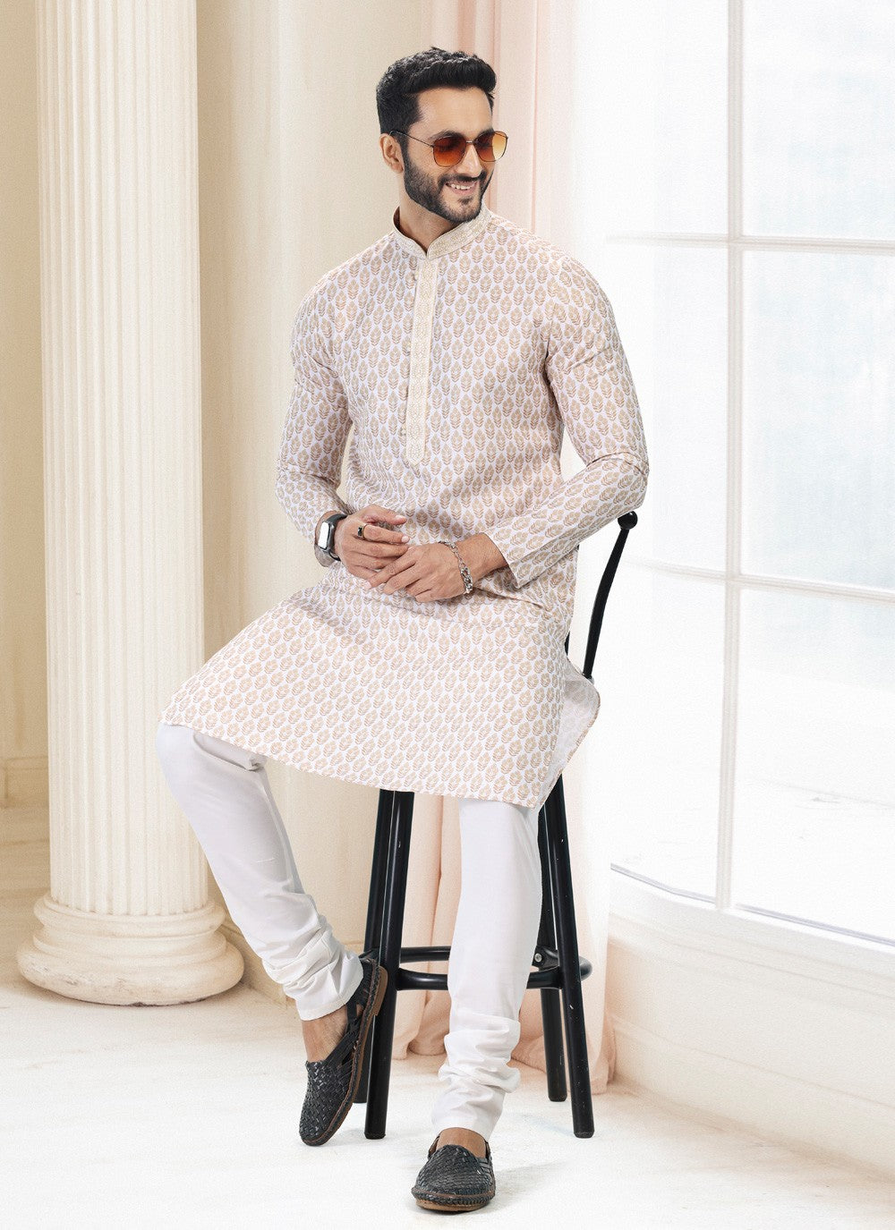 Fancy Work Cotton Off White Kurta Pyjama - M5114