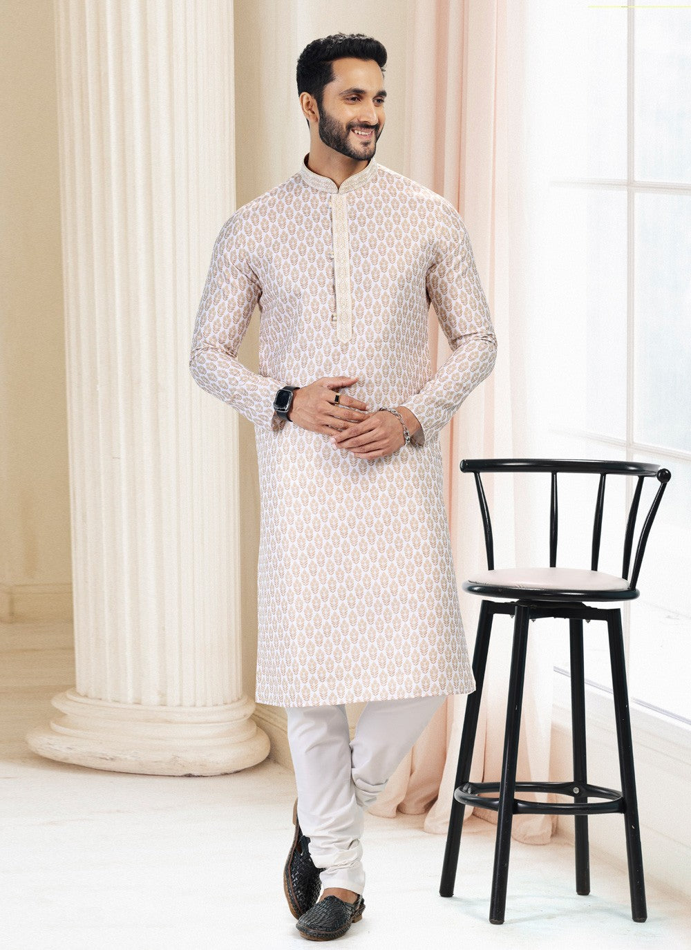 Fancy Work Cotton Off White Kurta Pyjama - M5114