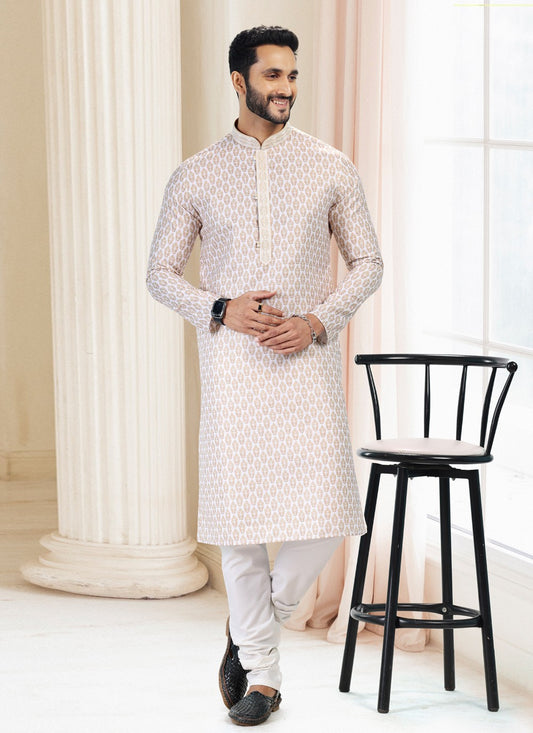 Fancy Work Cotton Off White Kurta Pyjama - M5114