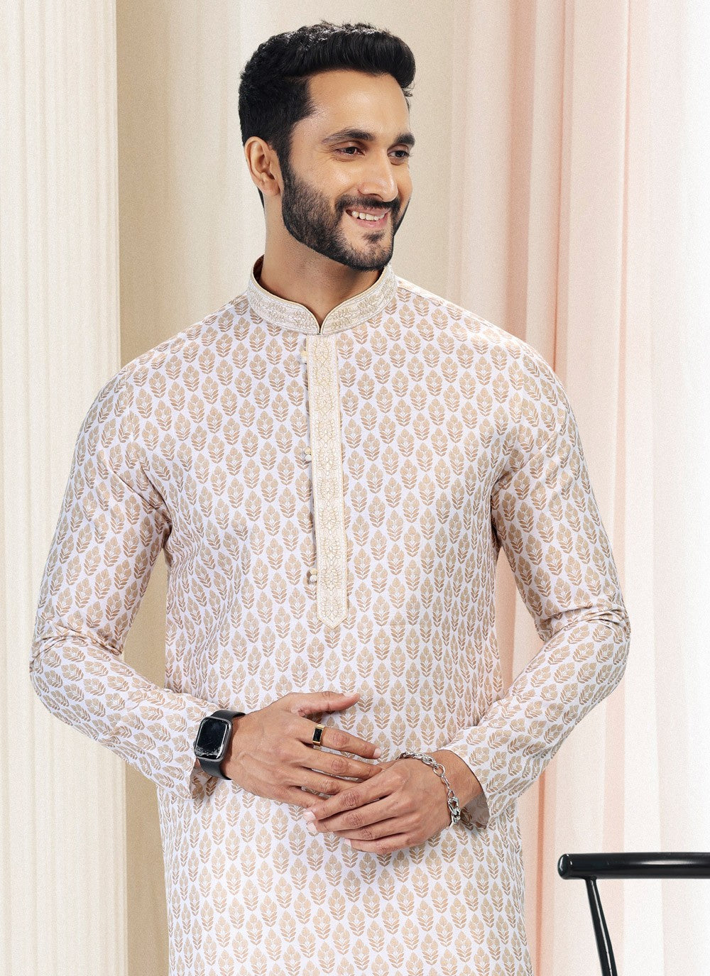 Fancy Work Cotton Off White Kurta Pyjama - M5114