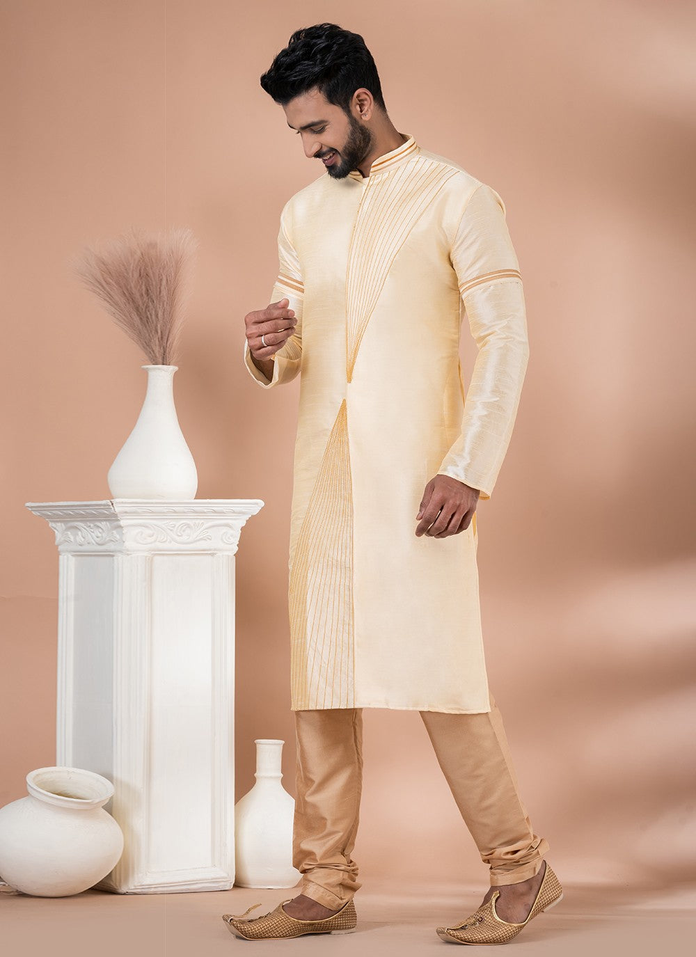 Fancy Work Dupion Silk Cream Kurta Pyjama - M6967