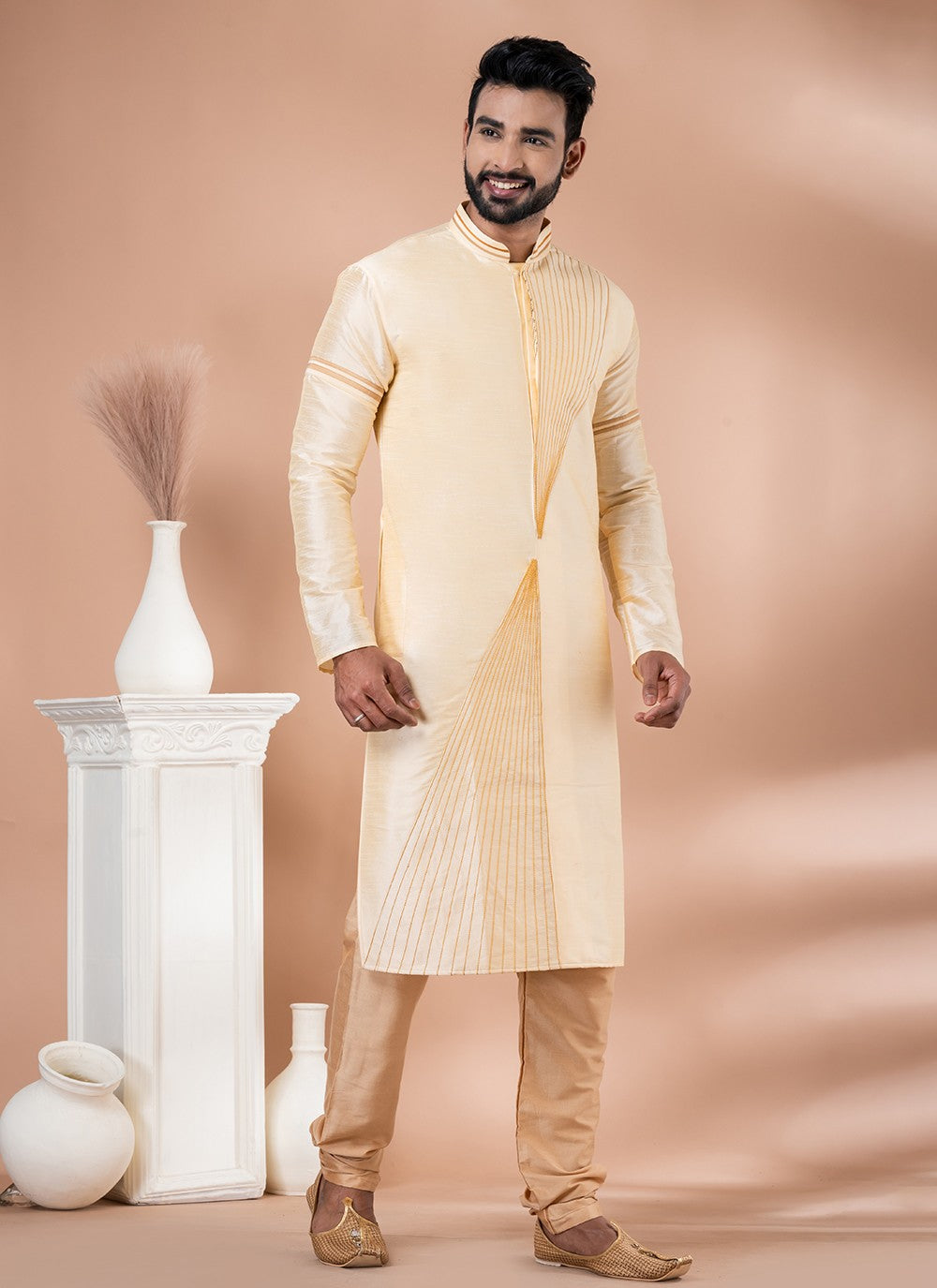 Fancy Work Dupion Silk Cream Kurta Pyjama - M6967