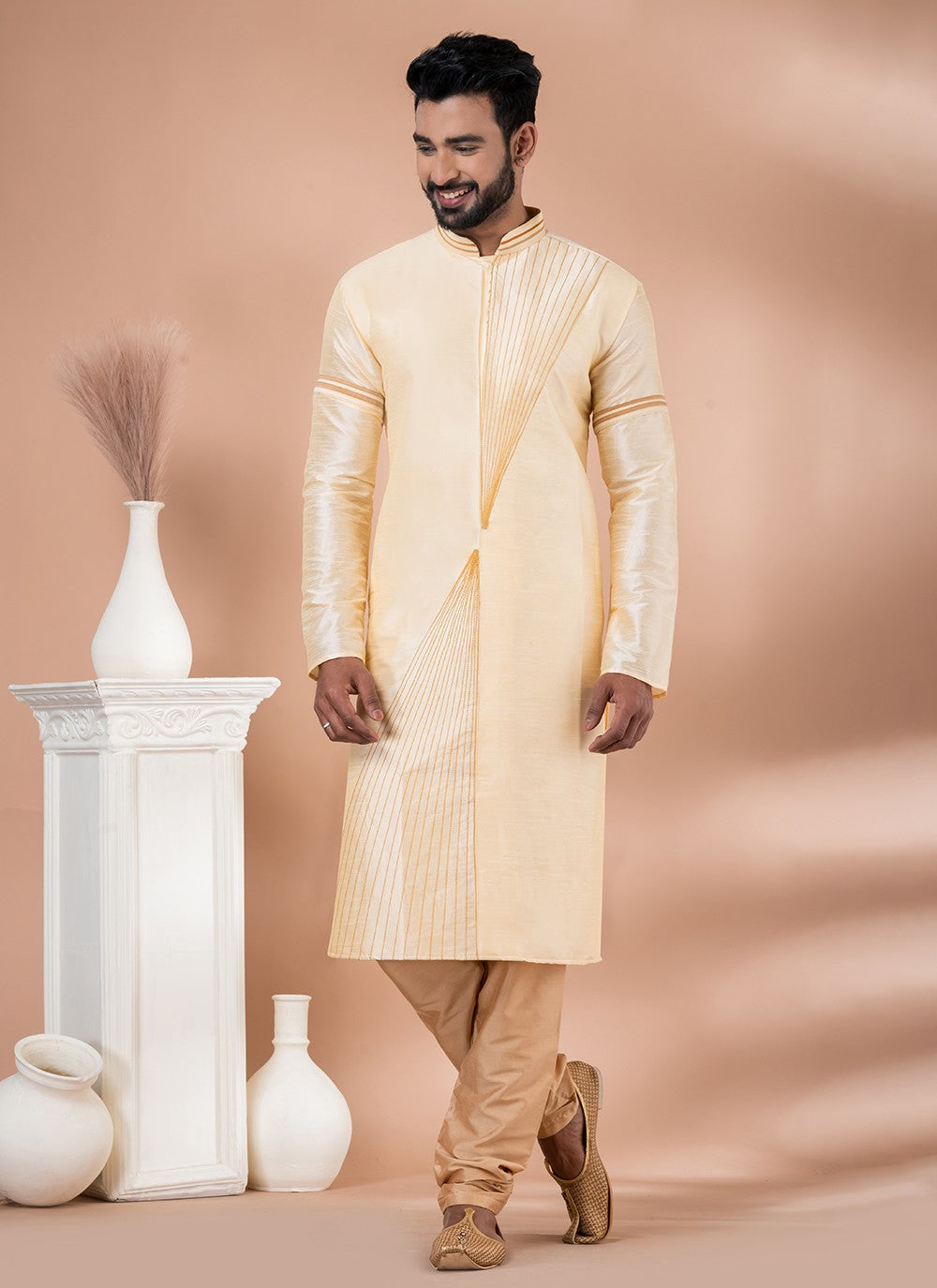 Fancy Work Dupion Silk Cream Kurta Pyjama - M6967