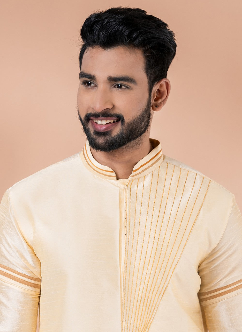 Fancy Work Dupion Silk Cream Kurta Pyjama - M6967