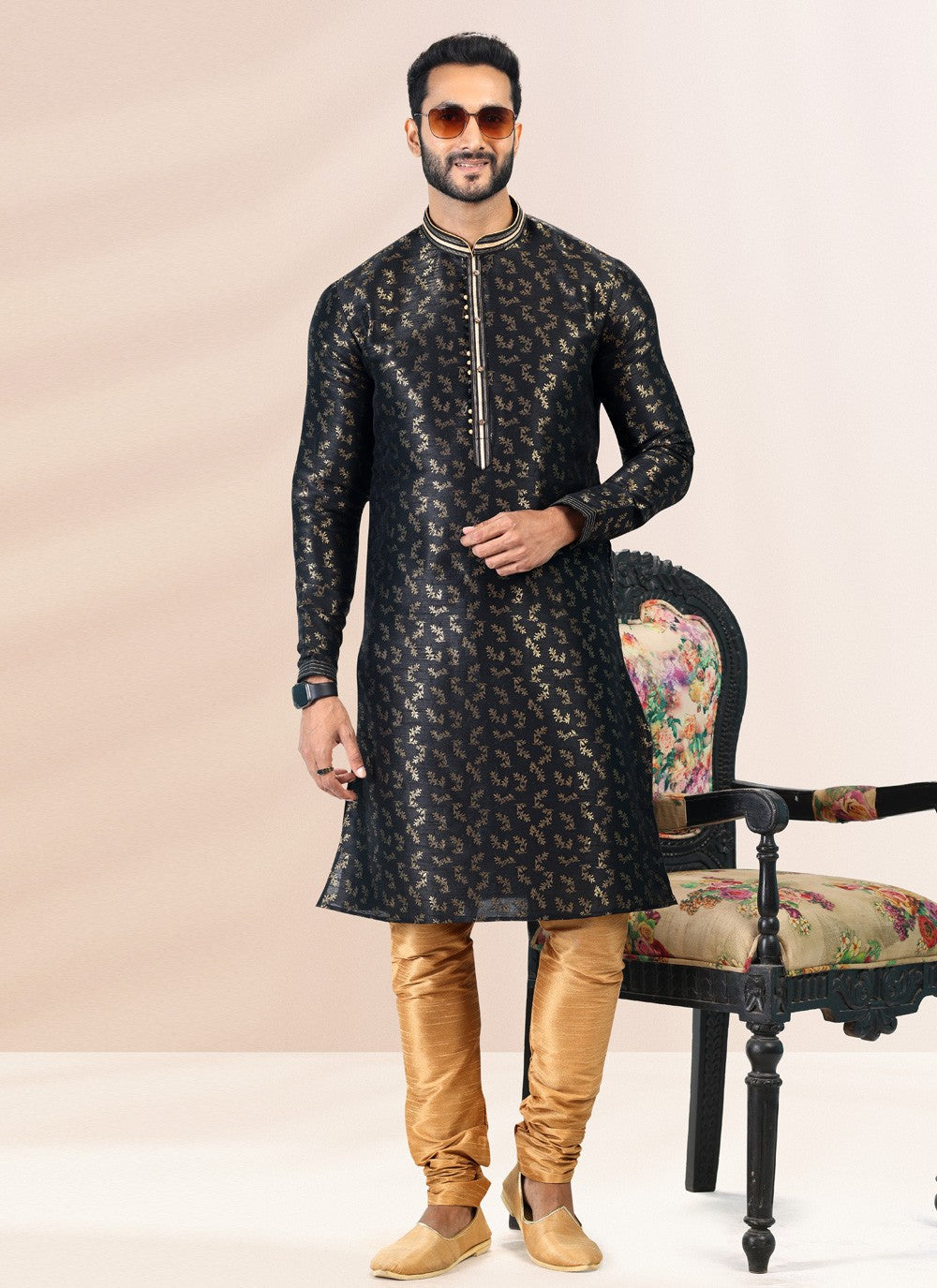 Fancy Work Banarasi Silk, Jacquard Black Kurta Pyjama - M4836