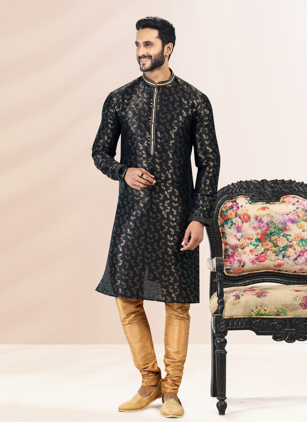 Fancy Work Banarasi Silk, Jacquard Black Kurta Pyjama - M4836