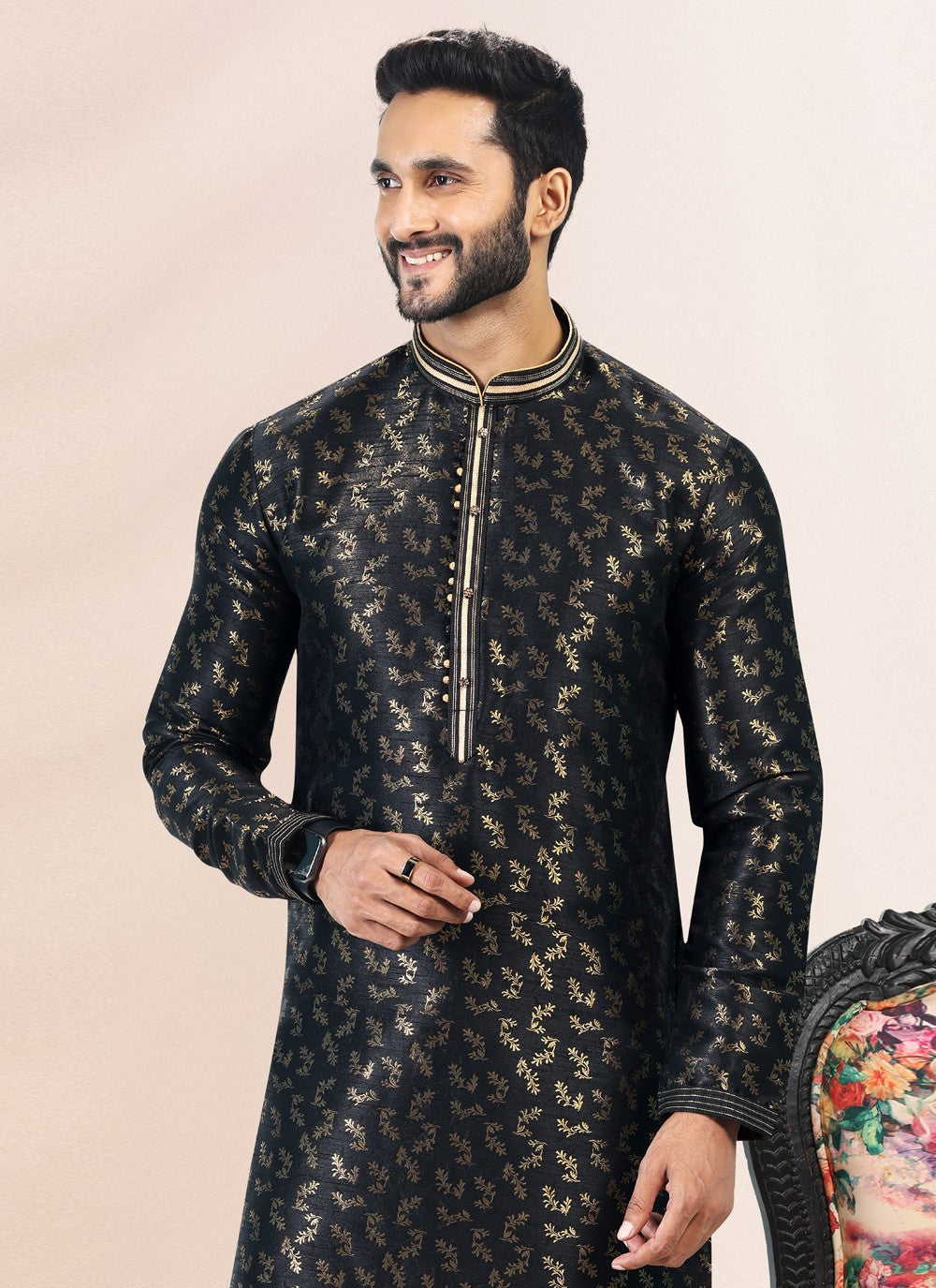 Fancy Work Banarasi Silk, Jacquard Black Kurta Pyjama - M4836