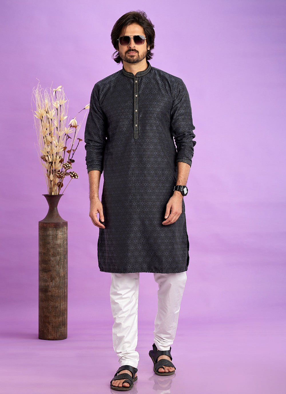 Fancy Work Jacquard Silk Black Kurta Pyjama - M6924