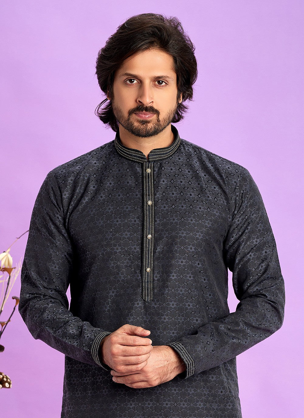 Fancy Work Jacquard Silk Black Kurta Pyjama - M6924