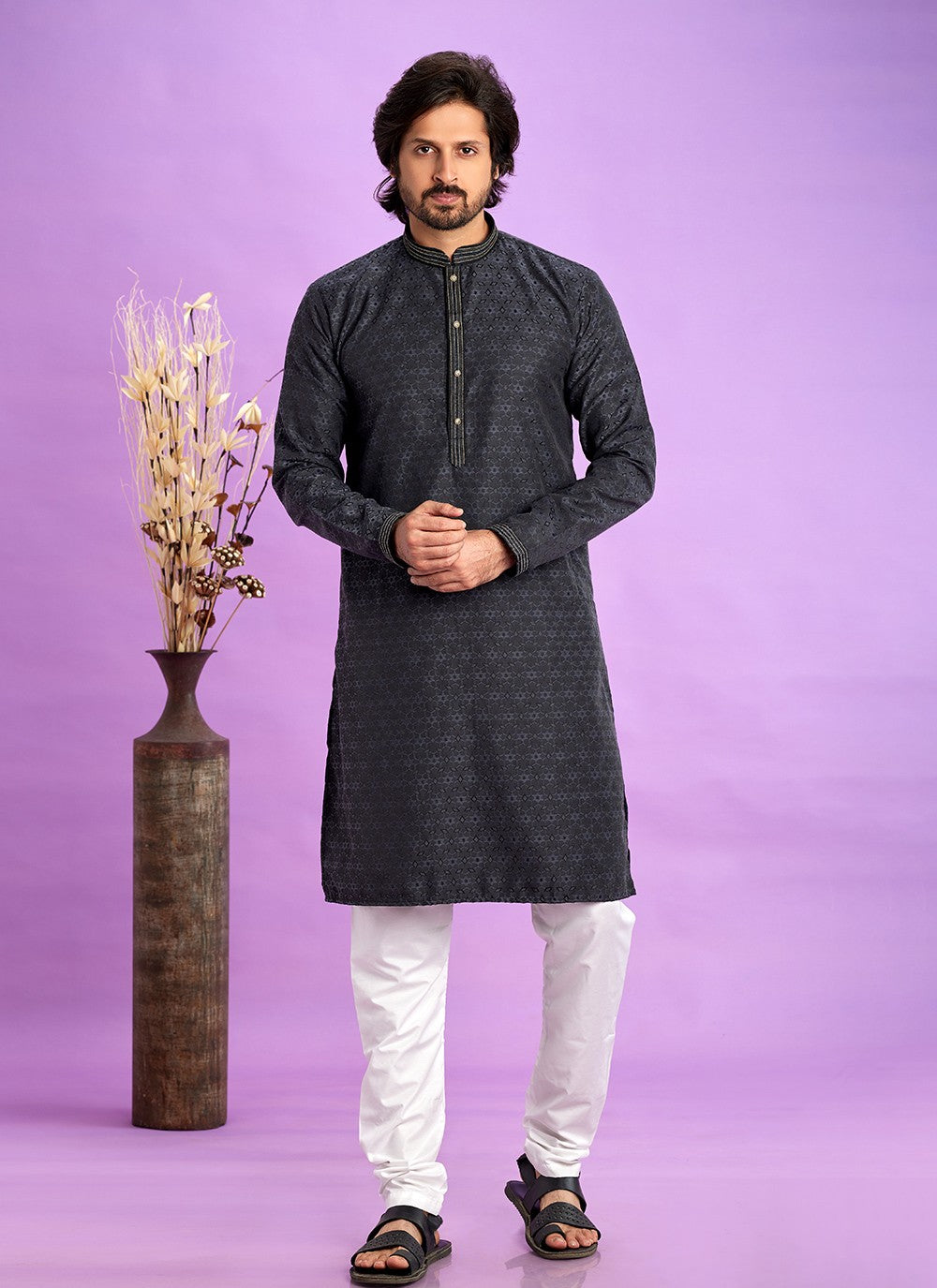 Fancy Work Jacquard Silk Black Kurta Pyjama - M6924