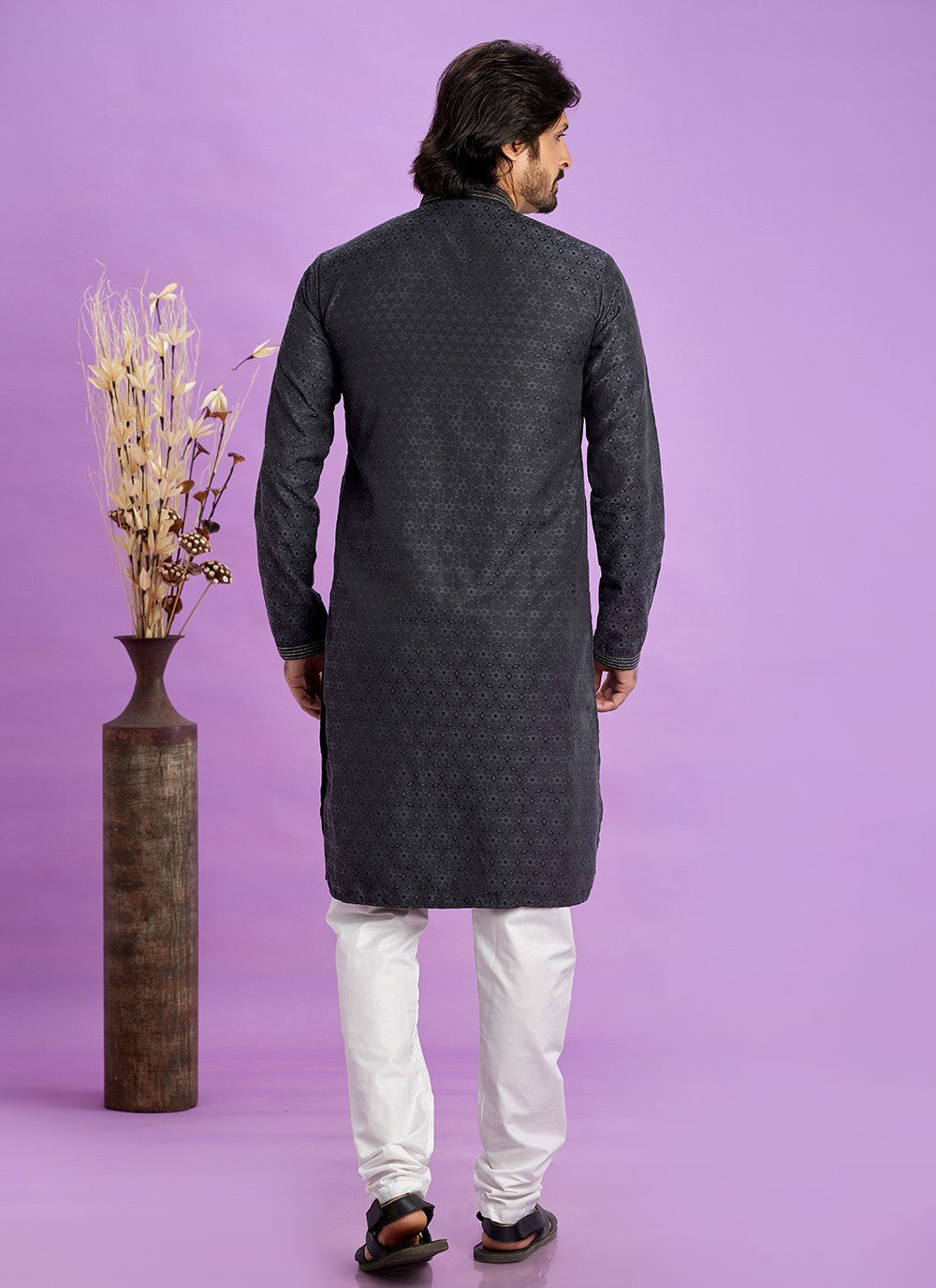 Fancy Work Jacquard Silk Black Kurta Pyjama - M6924