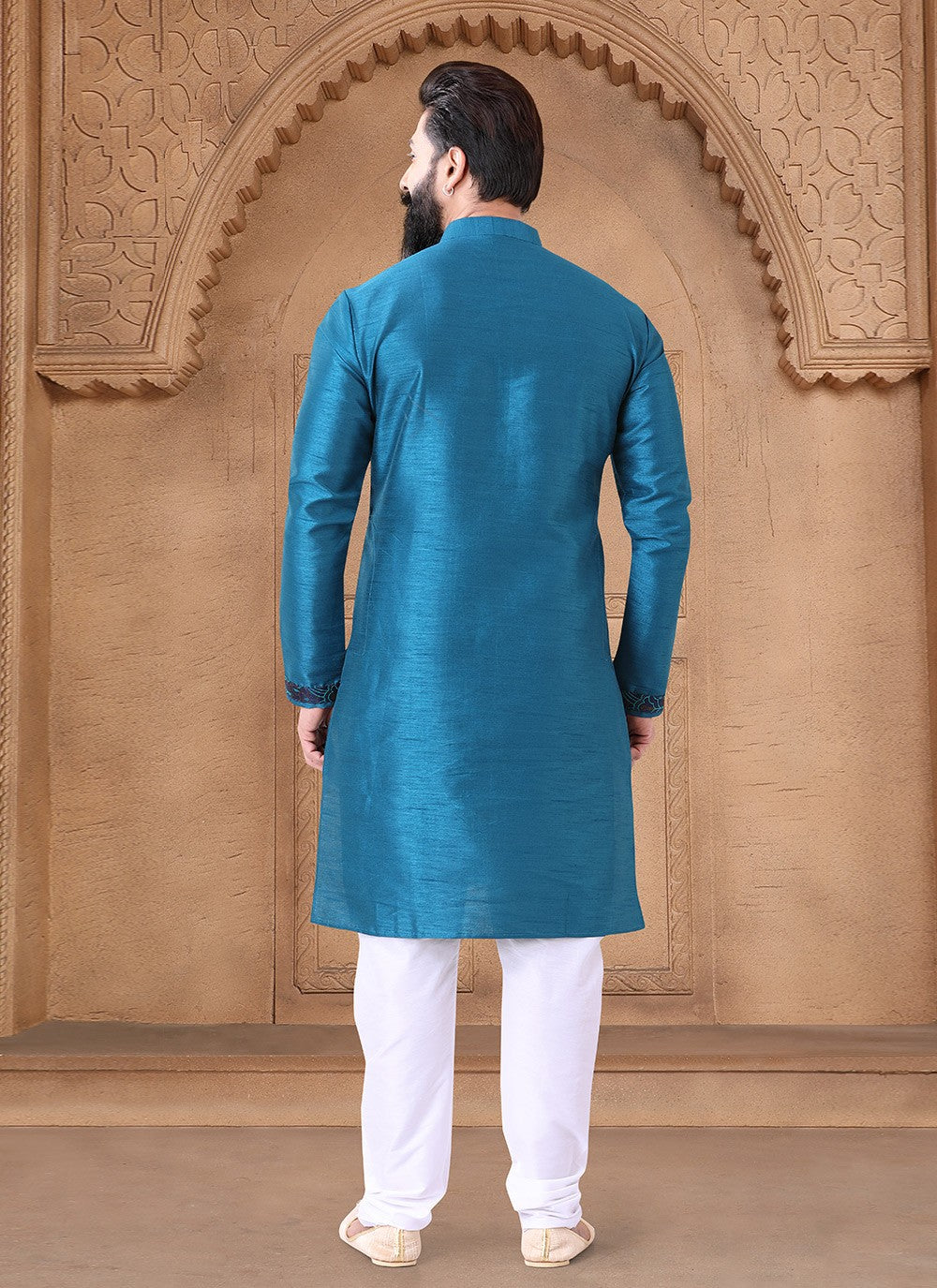 Fancy Work Silk Blue Kurta Pyjama - M7619