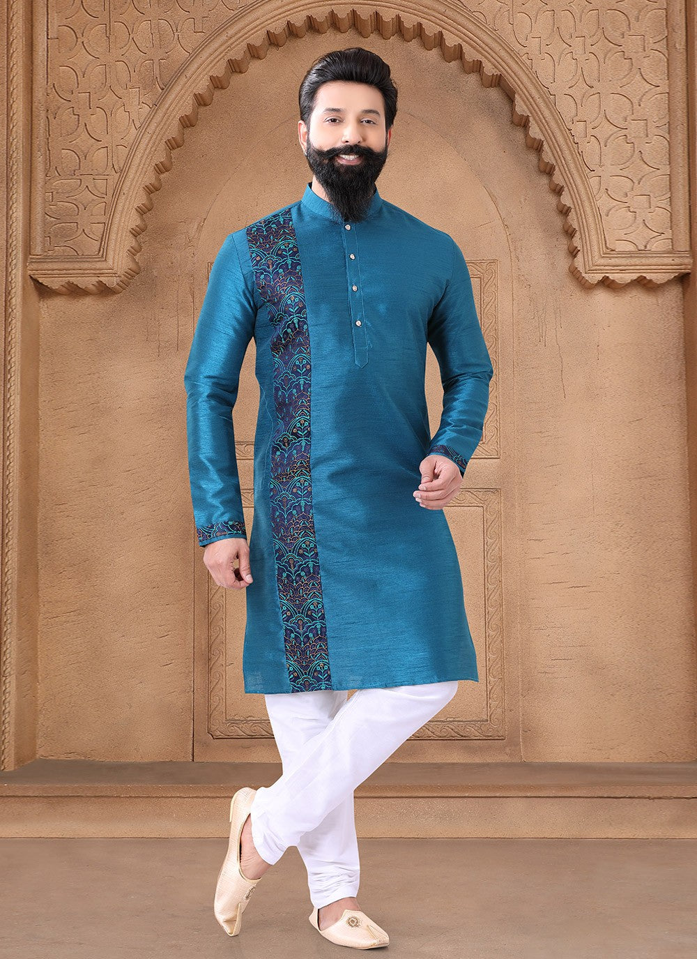 Fancy Work Silk Blue Kurta Pyjama - M7619