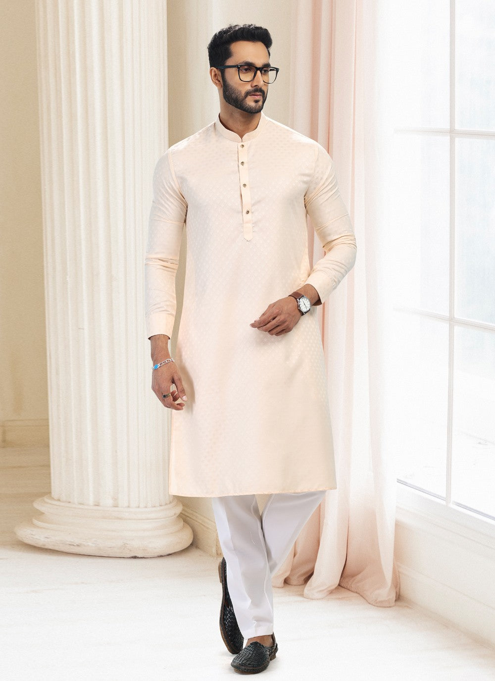 Fancy Work Silk Cream Kurta Pyjama - M5189