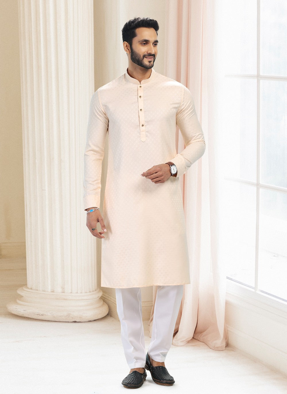 Fancy Work Silk Cream Kurta Pyjama - M5189