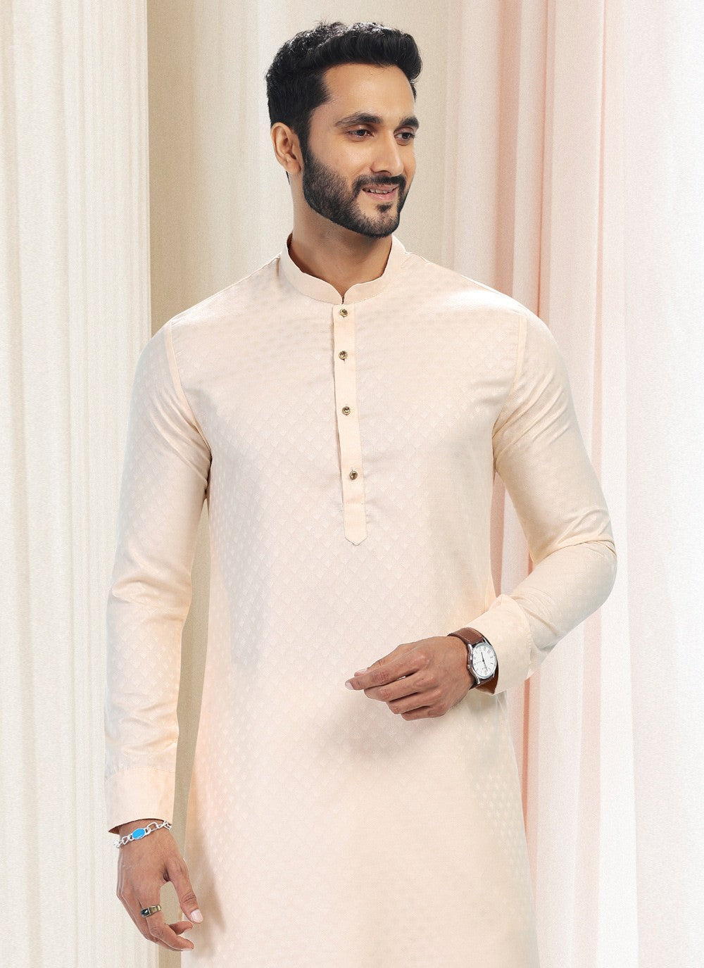 Fancy Work Silk Cream Kurta Pyjama - M5189