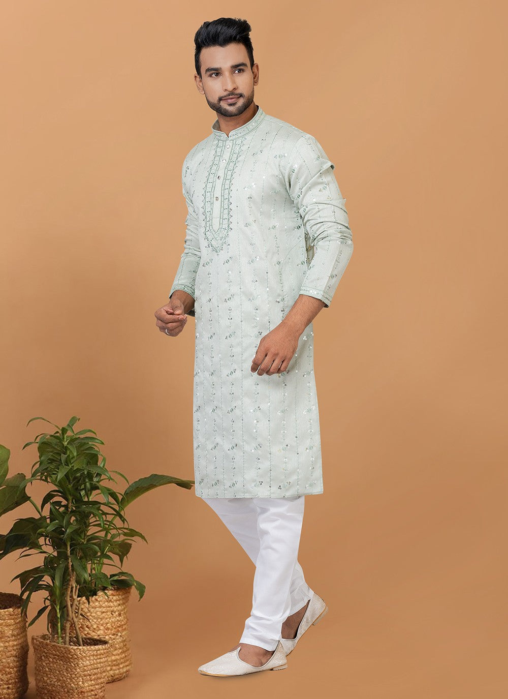 Fancy Work Silk Green Kurta Pyjama - M6263