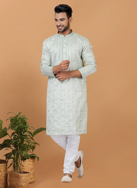 Fancy Work Silk Green Kurta Pyjama - M6263