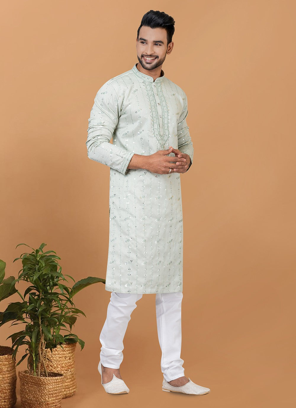 Fancy Work Silk Green Kurta Pyjama - M6263