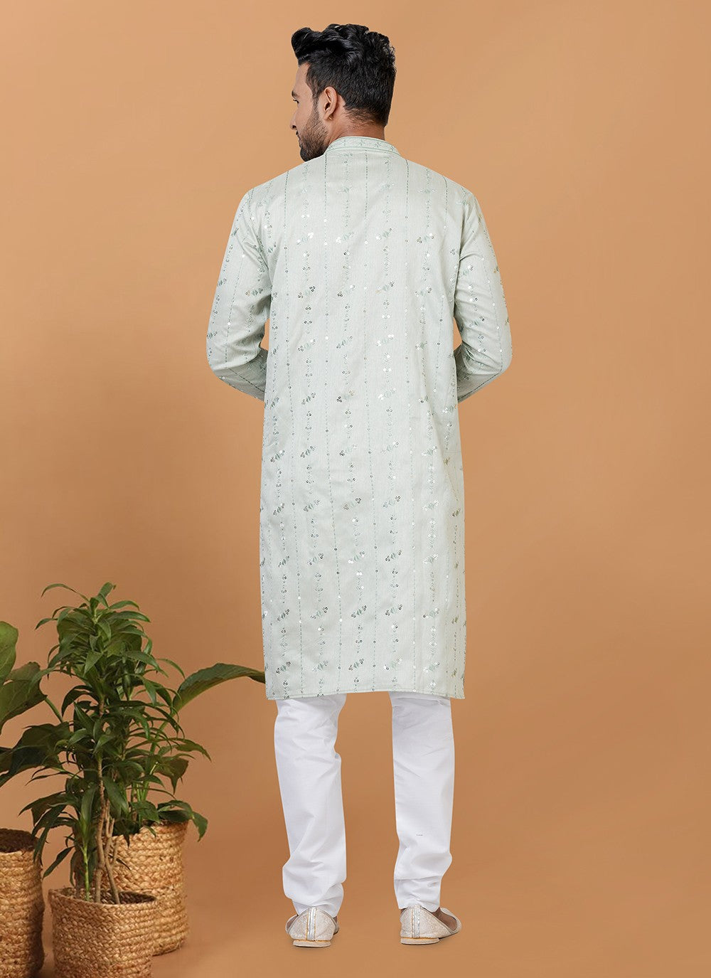 Fancy Work Silk Green Kurta Pyjama - M6263