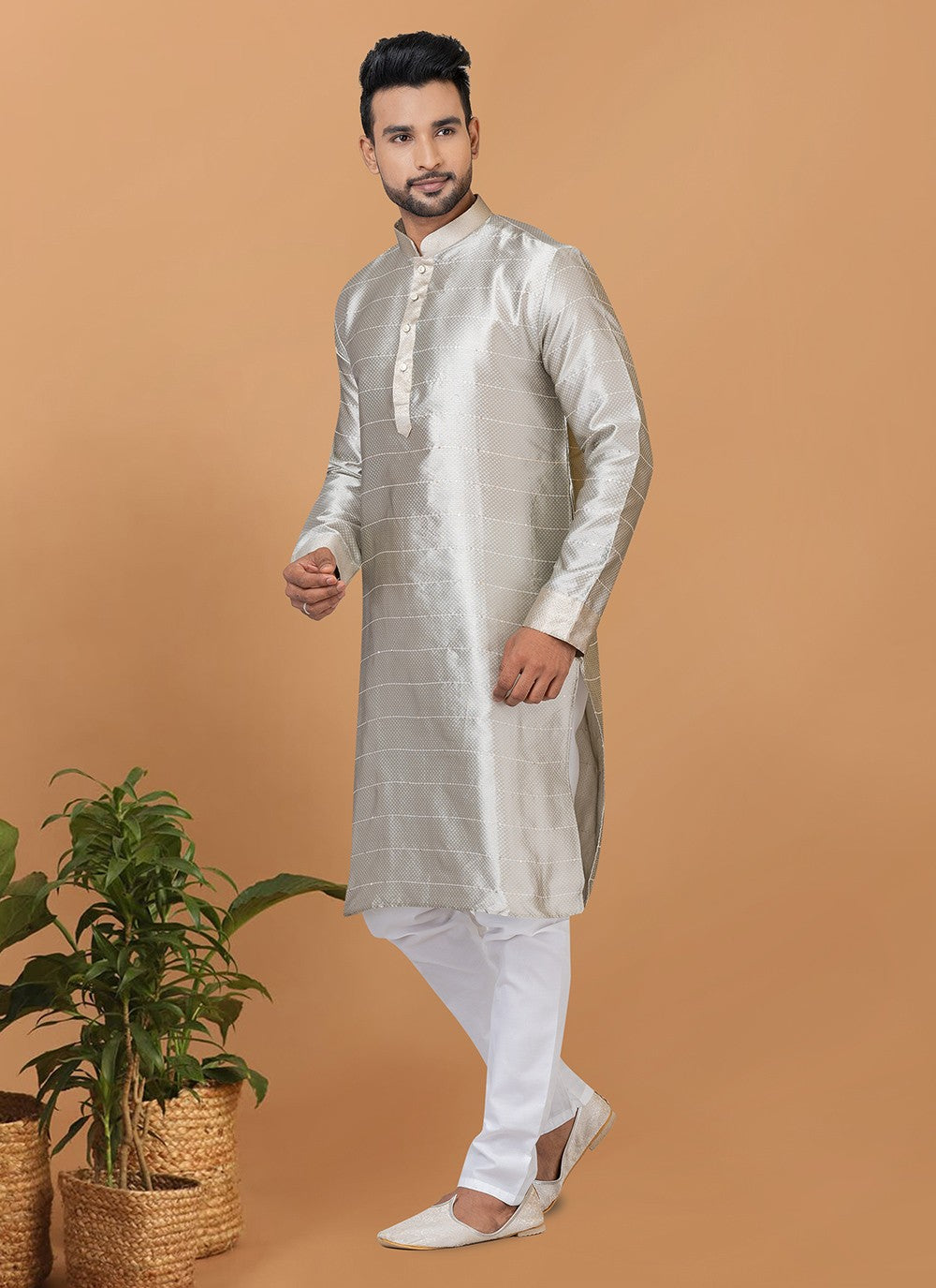 Fancy Work Silk Grey Kurta Pyjama - M6365