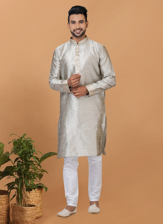 Fancy Work Silk Grey Kurta Pyjama - M6365