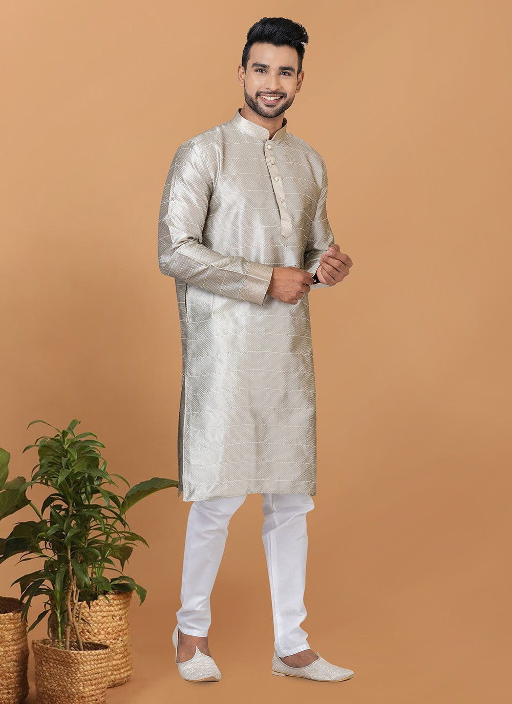 Fancy Work Silk Grey Kurta Pyjama - M6365