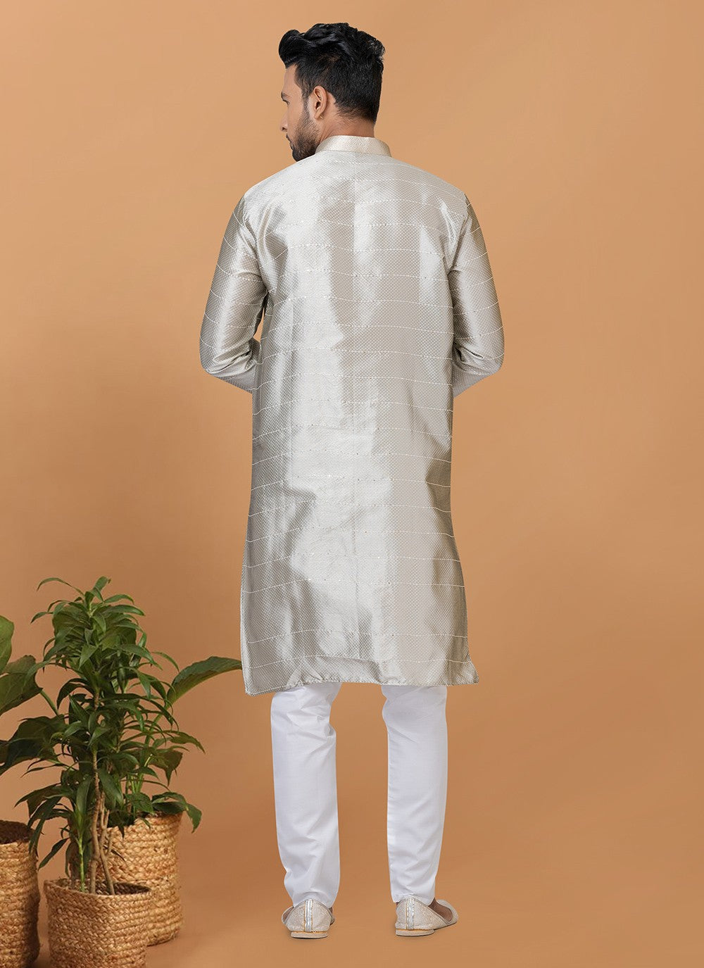 Fancy Work Silk Grey Kurta Pyjama - M6365