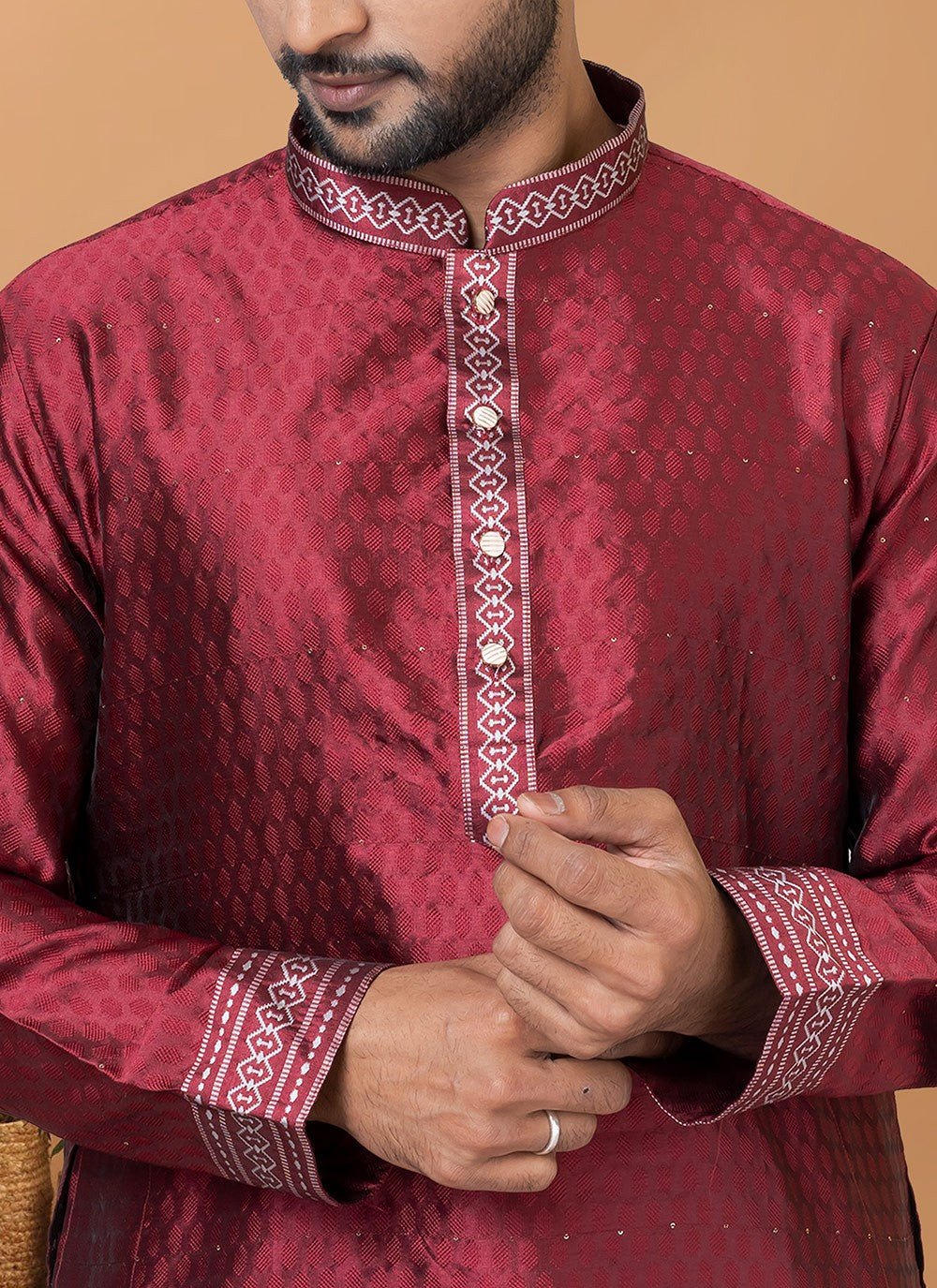 Fancy Work Silk Maroon Kurta Pyjama - M6373