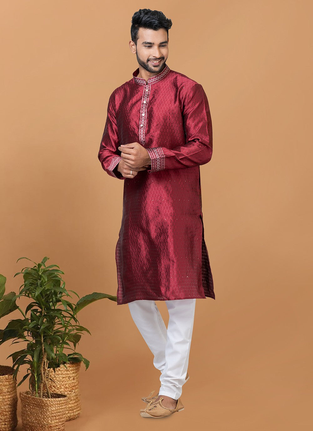 Fancy Work Silk Maroon Kurta Pyjama - M6373