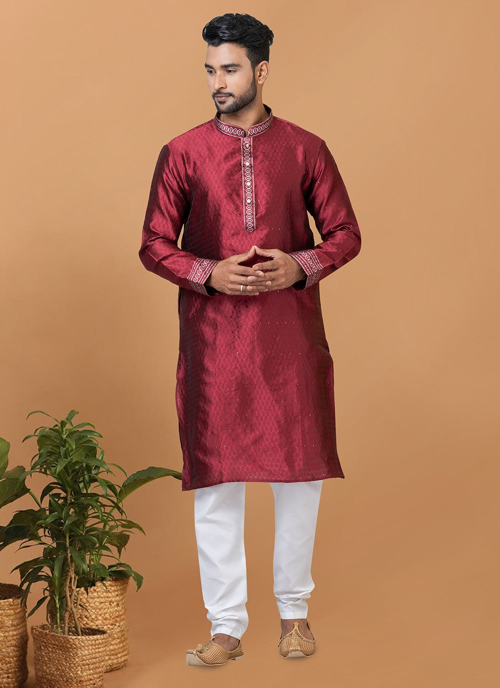 Fancy Work Silk Maroon Kurta Pyjama - M6373