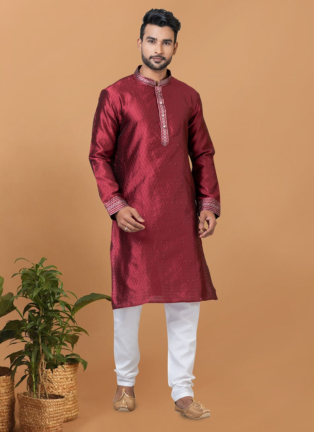 Fancy Work Silk Maroon Kurta Pyjama - M6373