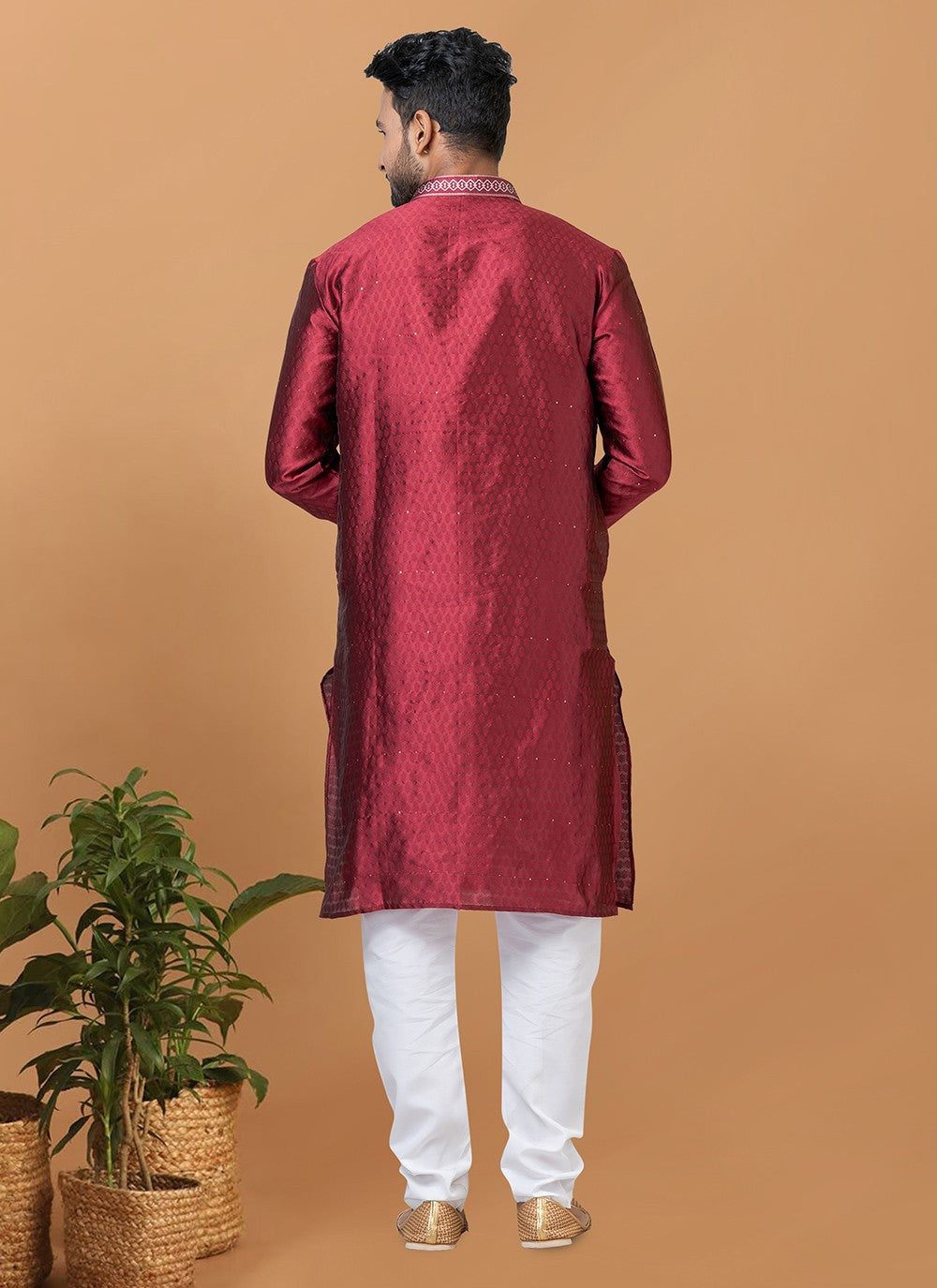 Fancy Work Silk Maroon Kurta Pyjama - M6373