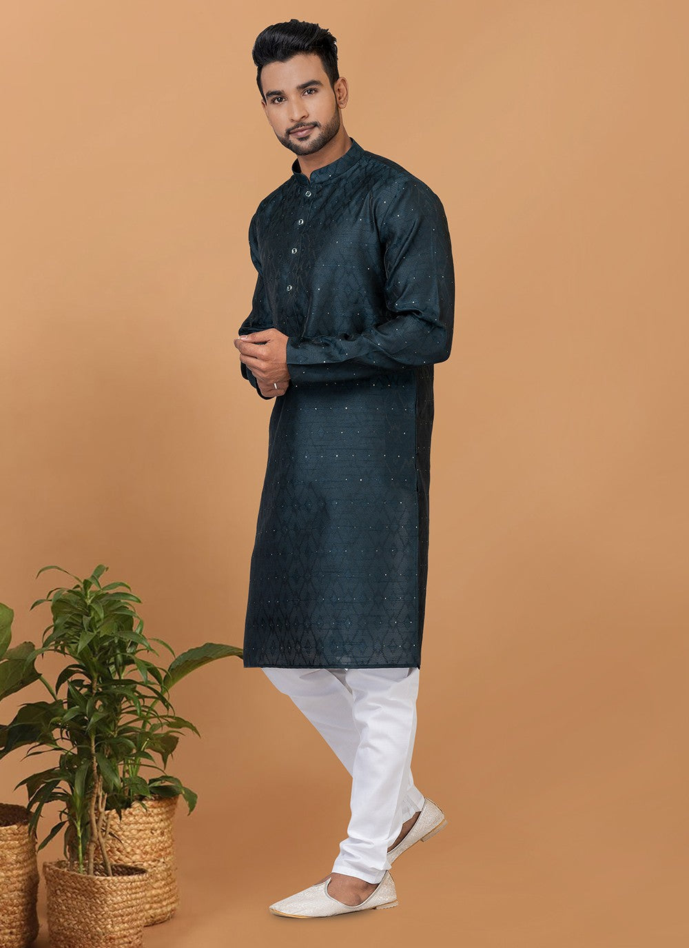 Fancy Work Silk Teal Kurta Pyjama - M6367