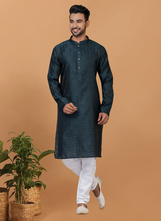 Fancy Work Silk Teal Kurta Pyjama - M6367