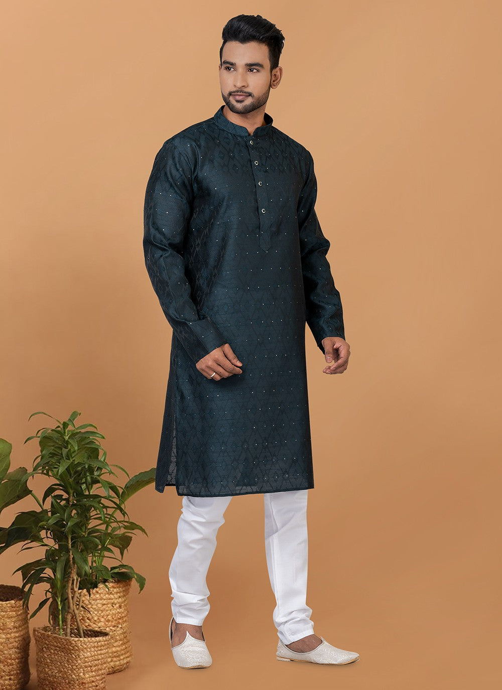 Fancy Work Silk Teal Kurta Pyjama - M6367