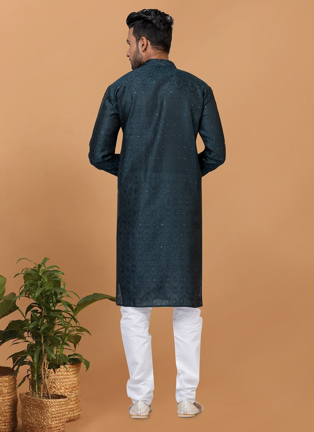 Fancy Work Silk Teal Kurta Pyjama - M6367