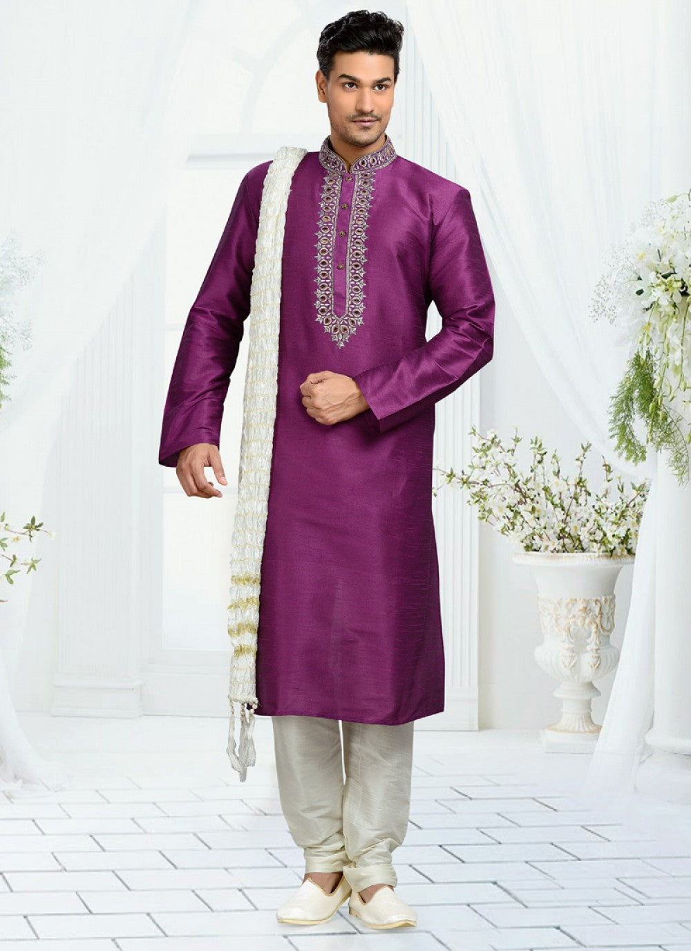 Embroidered Art Dupion Silk Magenta Kurta Pyjama - M1033