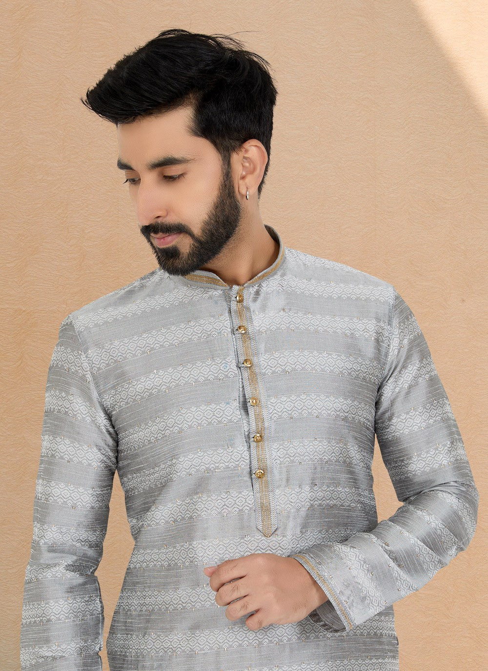 Jacquard Work Brocade, Jacquard Grey Kurta Pyjama - M4932