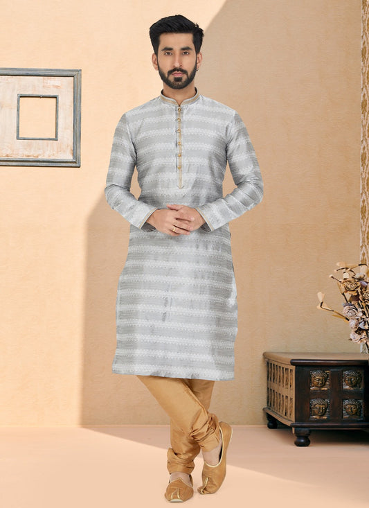 Jacquard Work Brocade, Jacquard Grey Kurta Pyjama - M4932