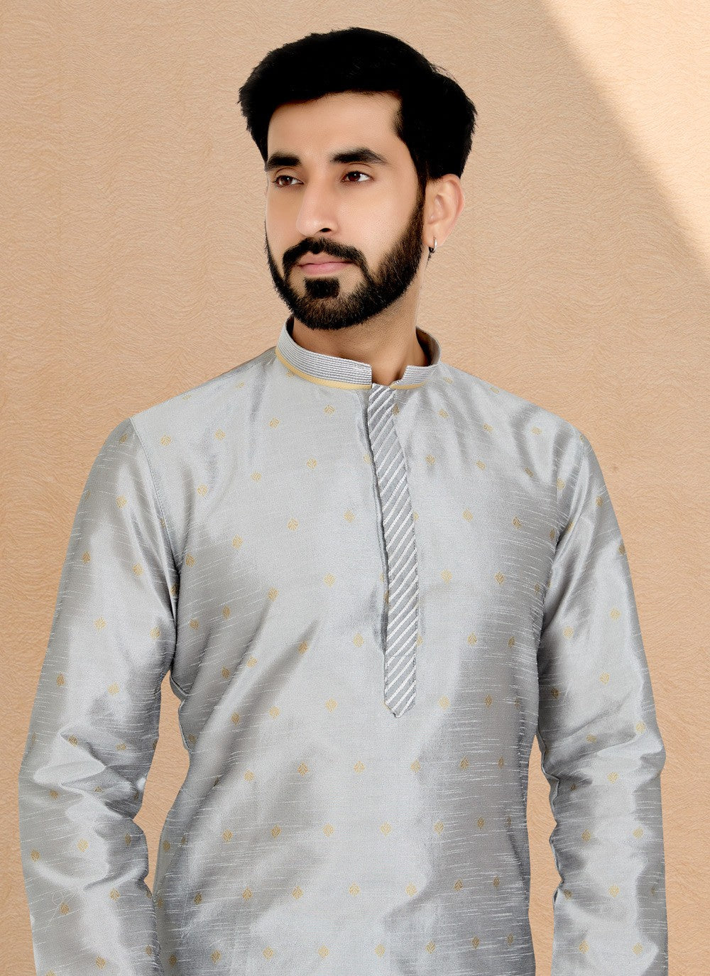 Jacquard Work Banarasi Silk, Jacquard Grey Kurta Pyjama - M4948