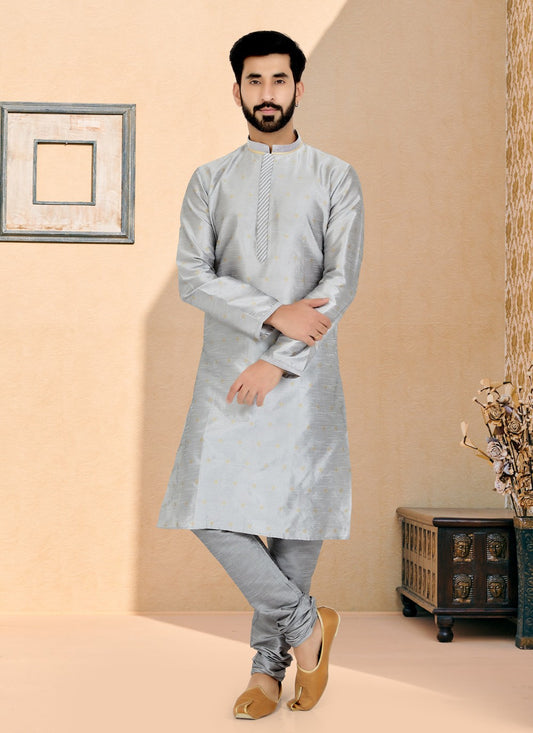 Jacquard Work Banarasi Silk, Jacquard Grey Kurta Pyjama - M4948