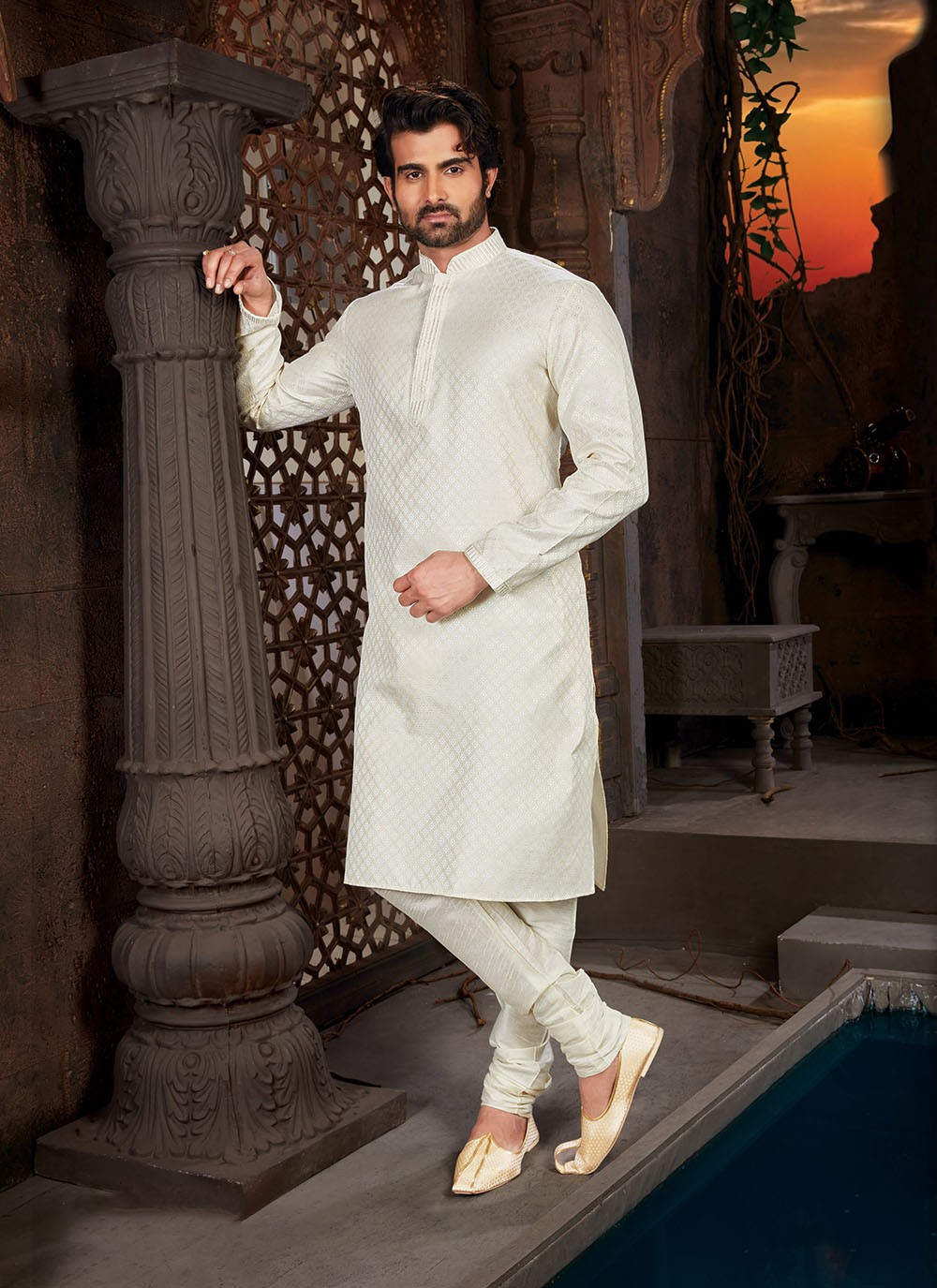 Jacquard Work Jacquard White Kurta Pyjama - M2121