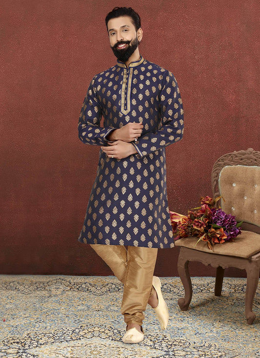 Jacquard Work Jacquard Silk Blue Kurta Pyjama - M2599