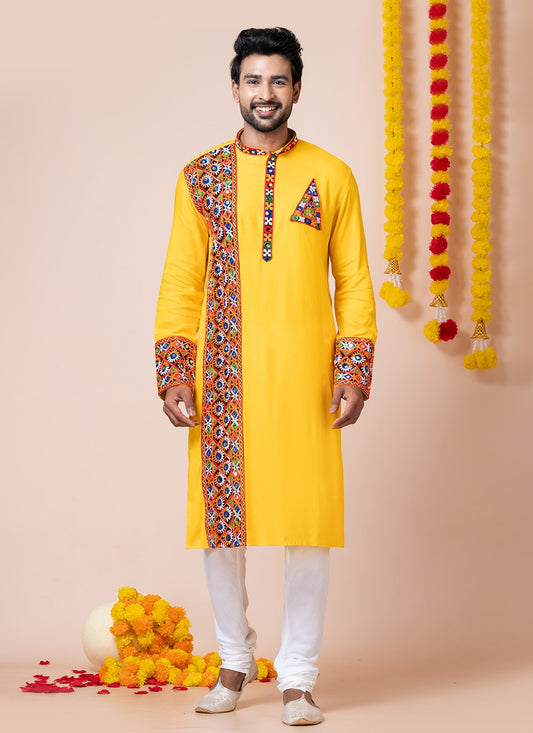 Lace Rayon Yellow Kurta Pyjama - M8305