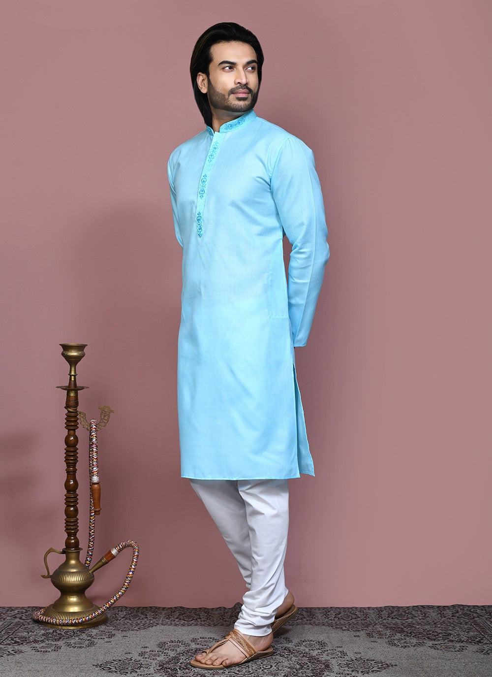 Machine Embroidery Cotton Firozi Kurta Pyjama - M7926